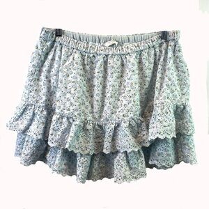 Lucky Brand Womens Skirt Floral Ruffle Cotton Blue Boho Coquette Cottagecore S